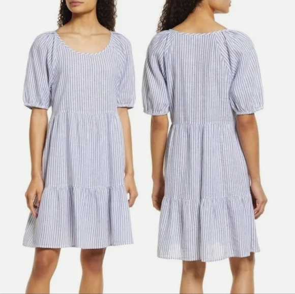 Beach Lunch Lounge, Luca Linen A-Line Prairie Dress, Striped Puff Sleeve, Size L - Picture 11 of 12